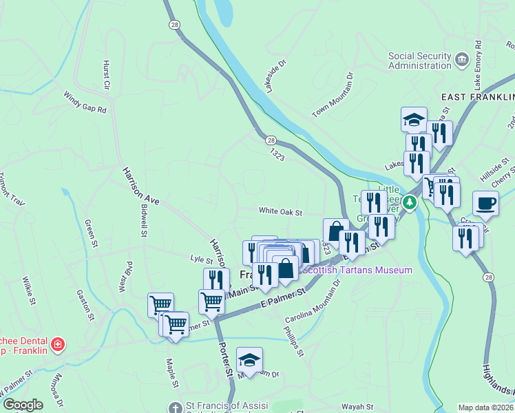 map of restaurants, bars, coffee shops, grocery stores, and more near 59 White Oak Street in Franklin