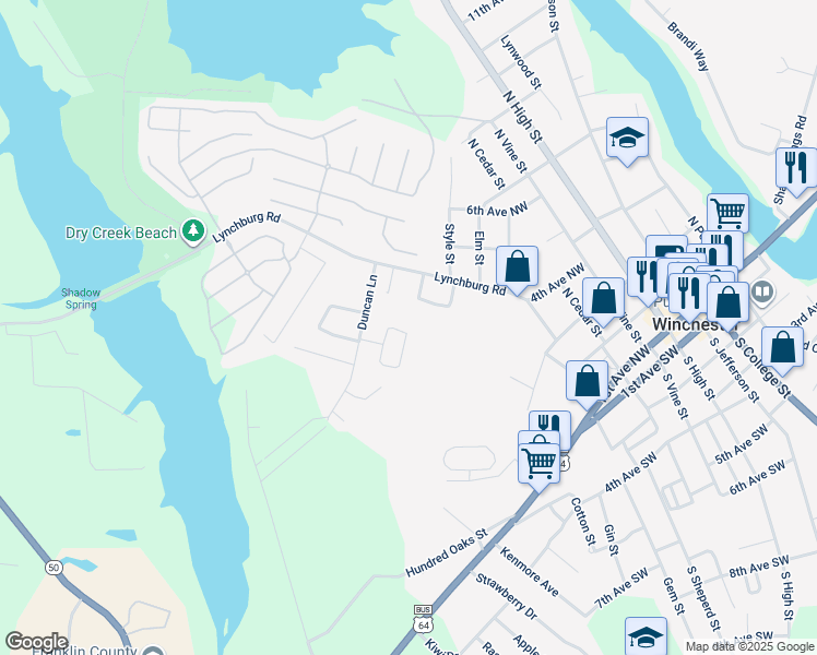 map of restaurants, bars, coffee shops, grocery stores, and more near 227 Briar Circle in Winchester