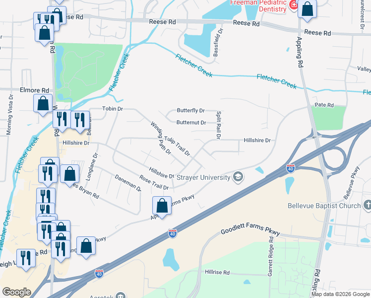 map of restaurants, bars, coffee shops, grocery stores, and more near 7154 Tulip Trail Drive in Memphis