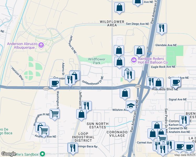 map of restaurants, bars, coffee shops, grocery stores, and more near 5021 Golden Thread Drive Northeast in Albuquerque