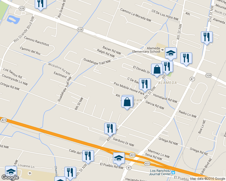 map of restaurants, bars, coffee shops, grocery stores, and more near 4th in North Valley