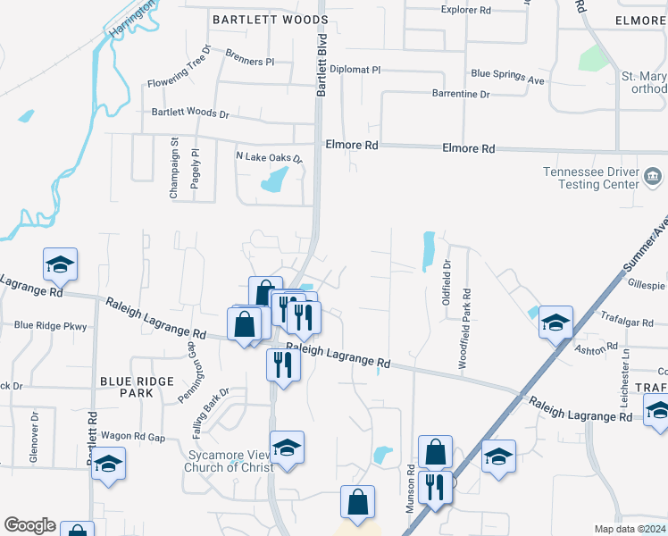 map of restaurants, bars, coffee shops, grocery stores, and more near 5796 Forest Hills Drive in Memphis