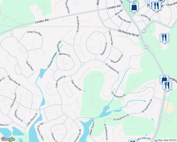 map of restaurants, bars, coffee shops, grocery stores, and more near 110 Pine Meadows Road in Pinehurst