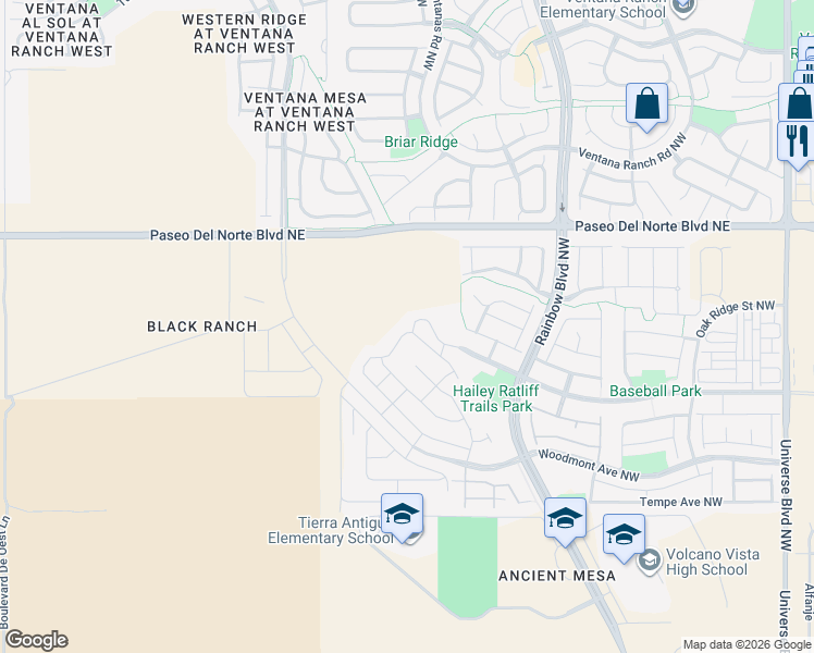 map of restaurants, bars, coffee shops, grocery stores, and more near 7371 Tree Line Avenue Northwest in Albuquerque