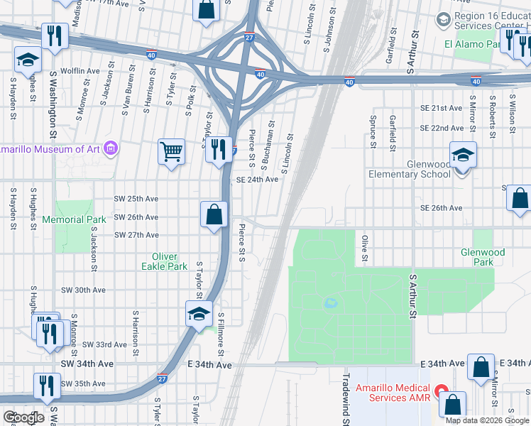 map of restaurants, bars, coffee shops, grocery stores, and more near 2601-2699 SE 27th Ave in Amarillo
