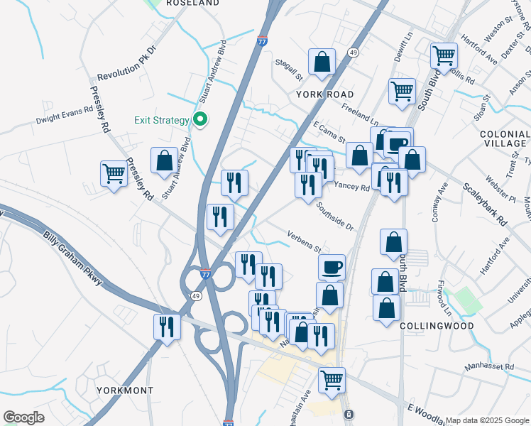 map of restaurants, bars, coffee shops, grocery stores, and more near 4312 Yancey Road in Charlotte