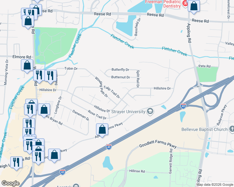 map of restaurants, bars, coffee shops, grocery stores, and more near 7154 Tulip Trail Drive in Memphis