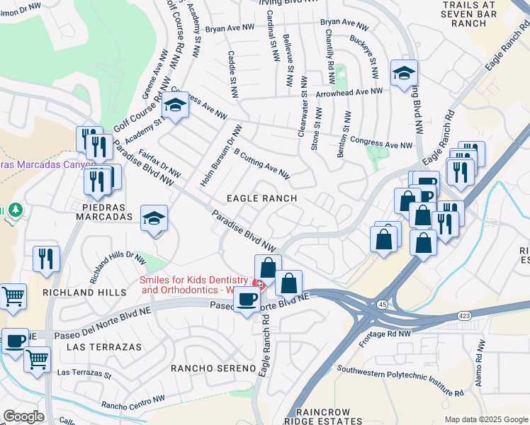map of restaurants, bars, coffee shops, grocery stores, and more near 9300 Saguaro Street Northwest in Albuquerque
