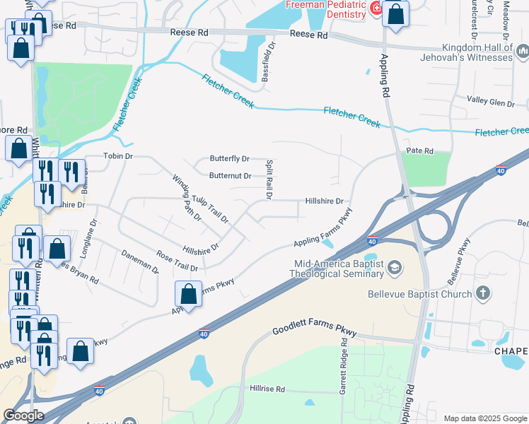 map of restaurants, bars, coffee shops, grocery stores, and more near 7228 Rose Trail Drive in Memphis