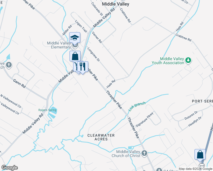 map of restaurants, bars, coffee shops, grocery stores, and more near 1734 Thrasher Pike in Middle Valley