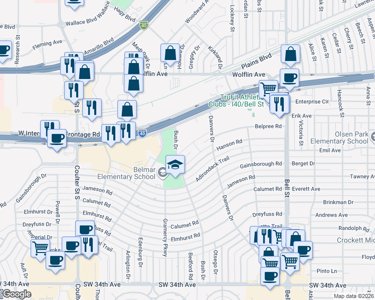 map of restaurants, bars, coffee shops, grocery stores, and more near 6240 Belpree Road in Amarillo