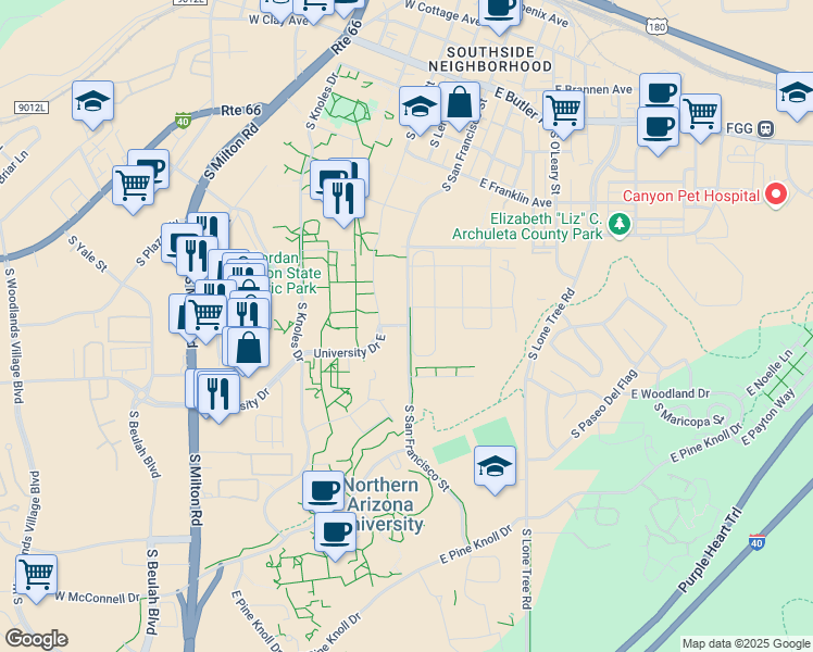 map of restaurants, bars, coffee shops, grocery stores, and more near San Francisco Trail in Flagstaff