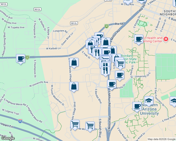 map of restaurants, bars, coffee shops, grocery stores, and more near 1515 South Yale Street in Flagstaff