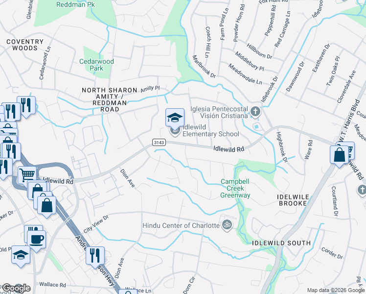 map of restaurants, bars, coffee shops, grocery stores, and more near 2923 Flintridge Drive in Charlotte