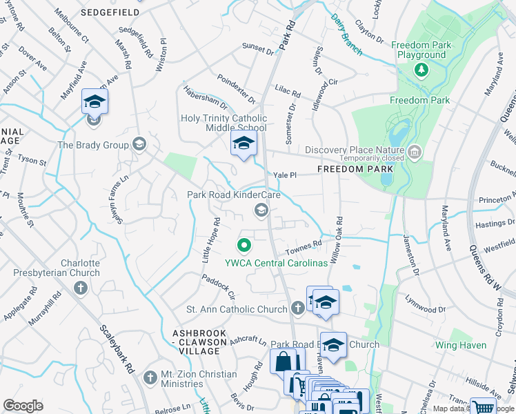 map of restaurants, bars, coffee shops, grocery stores, and more near 3334 Park Road in Charlotte