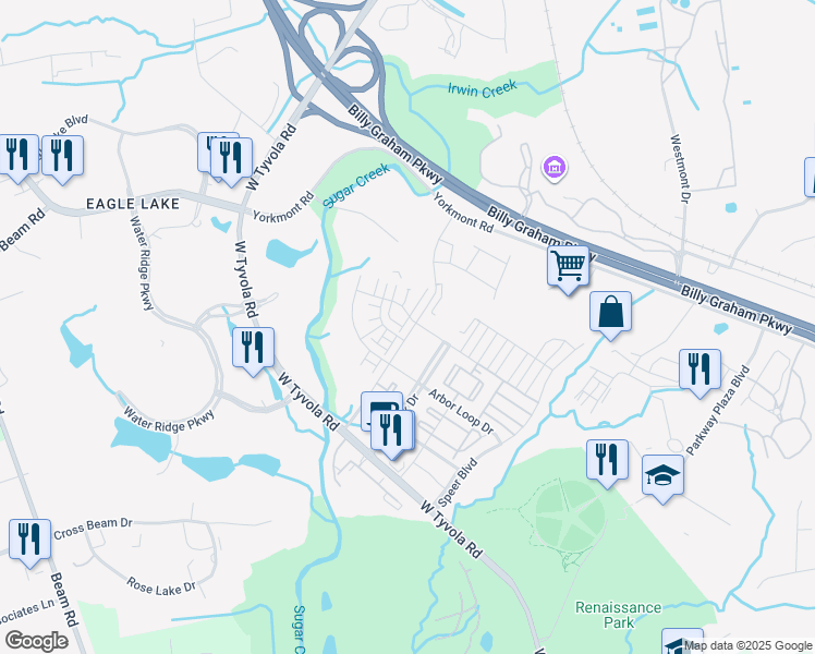 map of restaurants, bars, coffee shops, grocery stores, and more near 198 Hive Drive in Charlotte