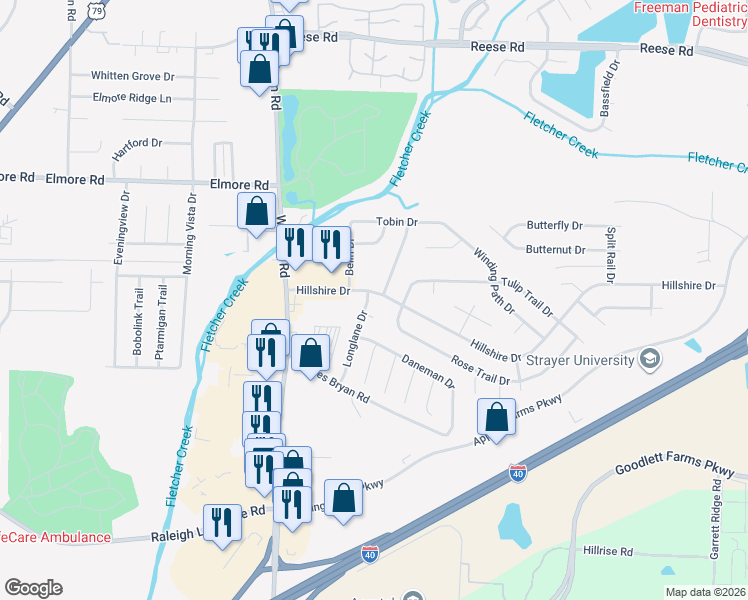 map of restaurants, bars, coffee shops, grocery stores, and more near 6930 Longlane Cove in Memphis