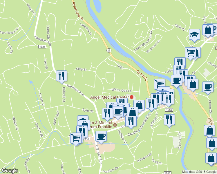 map of restaurants, bars, coffee shops, grocery stores, and more near 44 White Oak Street in Franklin
