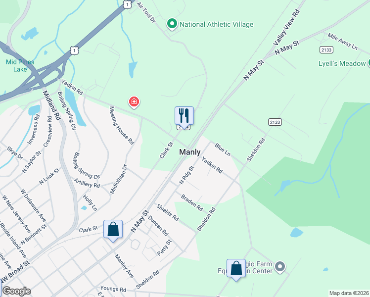 map of restaurants, bars, coffee shops, grocery stores, and more near 490 Yadkin Road in Southern Pines