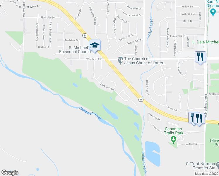 map of restaurants, bars, coffee shops, grocery stores, and more near 3025 Meadow Avenue in Norman