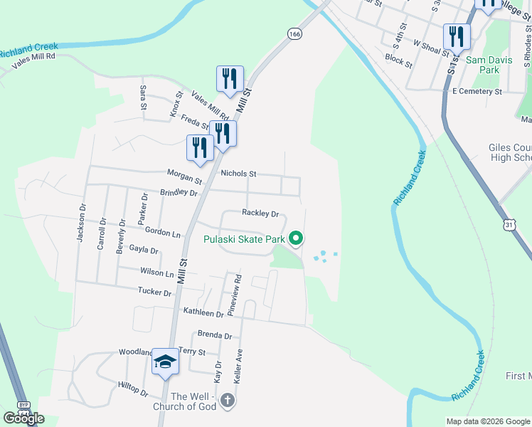 map of restaurants, bars, coffee shops, grocery stores, and more near 823 Rackley Drive in Pulaski