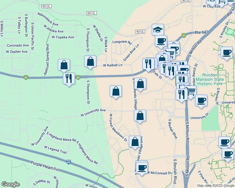 map of restaurants, bars, coffee shops, grocery stores, and more near 1400 West Forest Meadows Street in Flagstaff