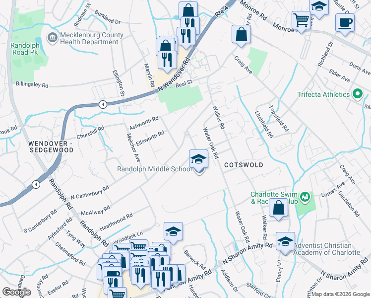 map of restaurants, bars, coffee shops, grocery stores, and more near 533 Bertonley Avenue in Charlotte