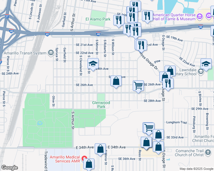 map of restaurants, bars, coffee shops, grocery stores, and more near 2607 South Roberts Street in Amarillo