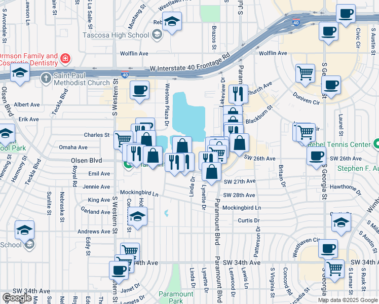 map of restaurants, bars, coffee shops, grocery stores, and more near 3350 Olsen Boulevard in Amarillo