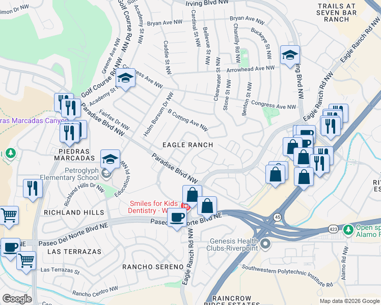 map of restaurants, bars, coffee shops, grocery stores, and more near 9300 Saguaro Street Northwest in Albuquerque