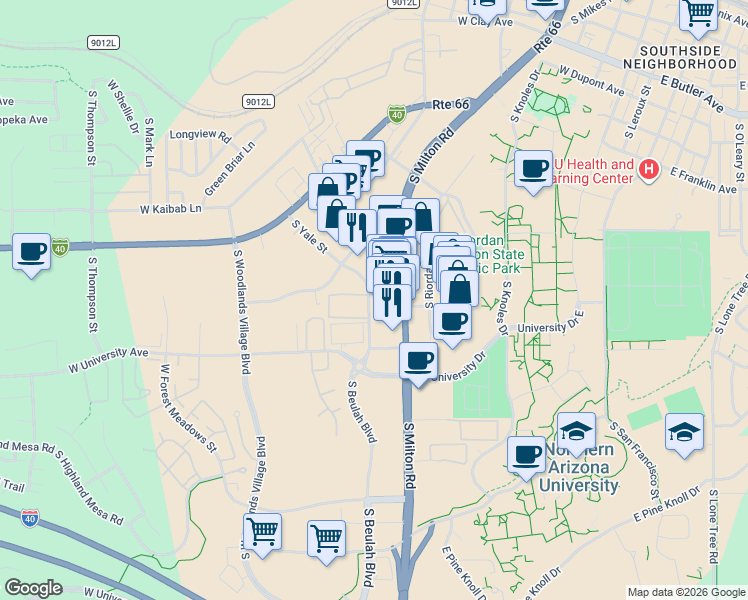 map of restaurants, bars, coffee shops, grocery stores, and more near 1524 South Yale Street in Flagstaff