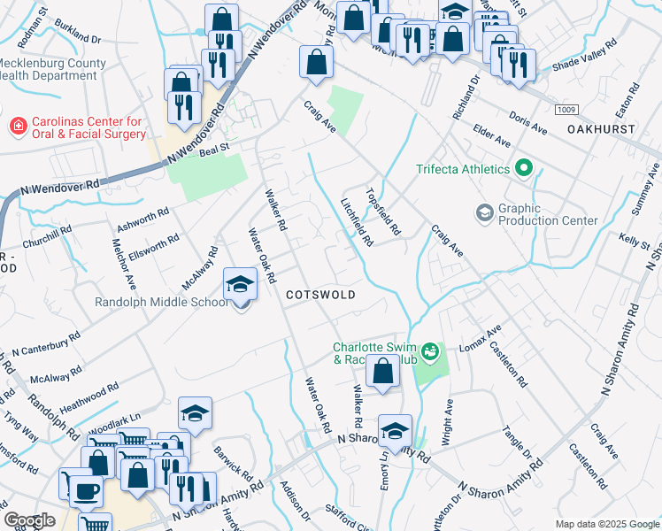 map of restaurants, bars, coffee shops, grocery stores, and more near in Charlotte