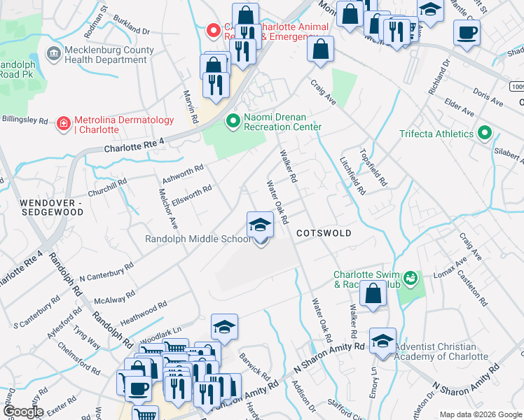 map of restaurants, bars, coffee shops, grocery stores, and more near in Charlotte