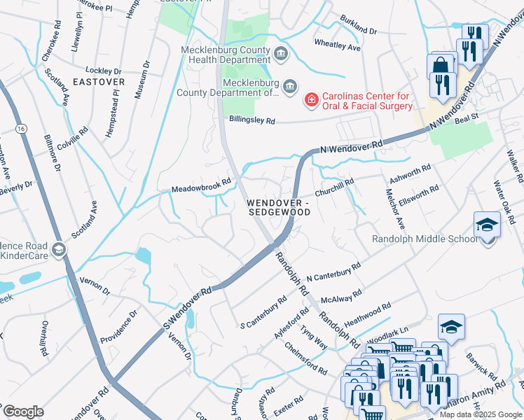 map of restaurants, bars, coffee shops, grocery stores, and more near 216 Wendover Heights Circle in Charlotte