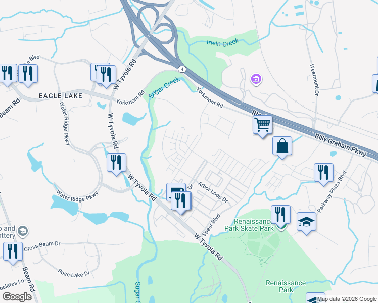 map of restaurants, bars, coffee shops, grocery stores, and more near 198 Hive Drive in Charlotte