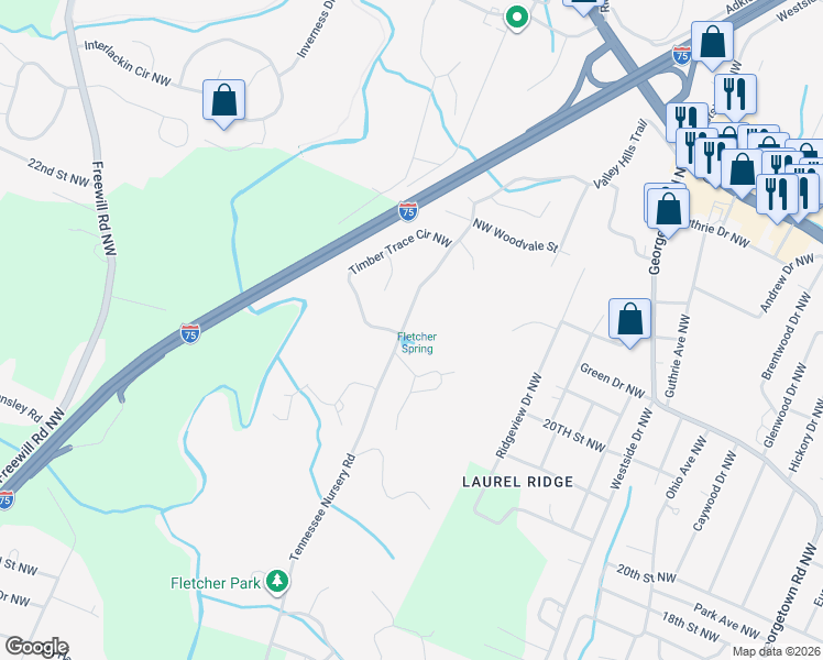 map of restaurants, bars, coffee shops, grocery stores, and more near 2040 Laurel Springs Drive Northwest in Cleveland