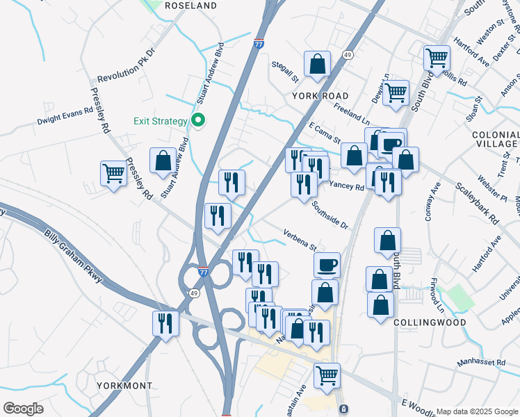 map of restaurants, bars, coffee shops, grocery stores, and more near 4312 Yancey Road in Charlotte