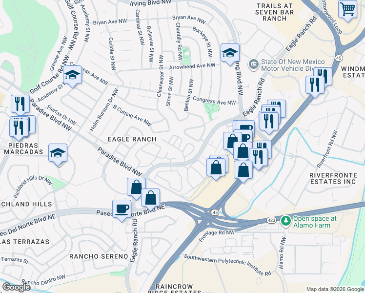 map of restaurants, bars, coffee shops, grocery stores, and more near 4520 Miramar Drive Northwest in Albuquerque