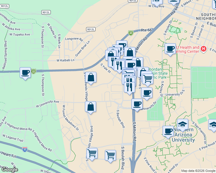 map of restaurants, bars, coffee shops, grocery stores, and more near 1580 South Plaza Way in Flagstaff