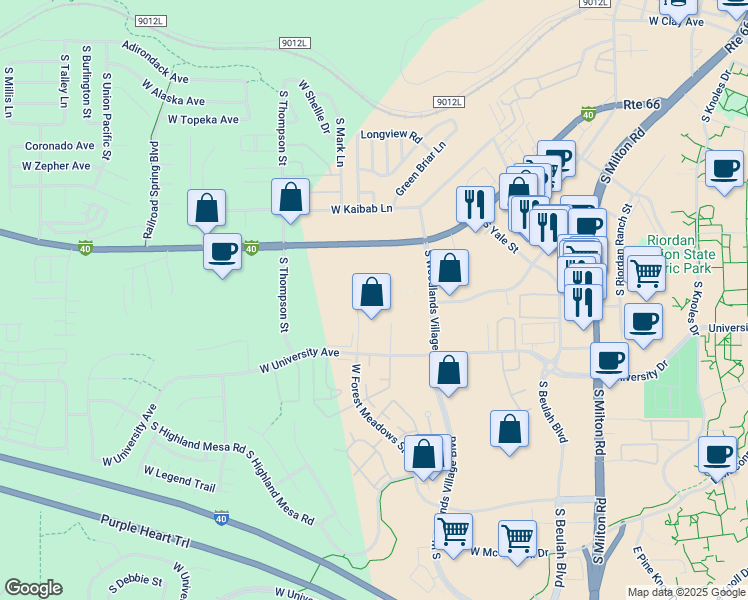map of restaurants, bars, coffee shops, grocery stores, and more near 1400 West Forest Meadows Street in Flagstaff