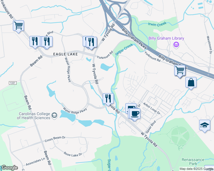 map of restaurants, bars, coffee shops, grocery stores, and more near 2550 West Tyvola Road in Charlotte
