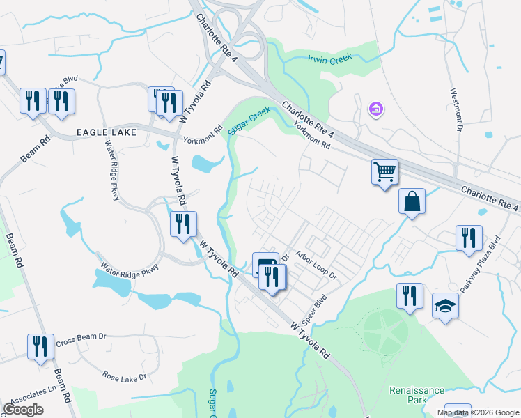 map of restaurants, bars, coffee shops, grocery stores, and more near 2539 Arbor Loop Drive in Charlotte