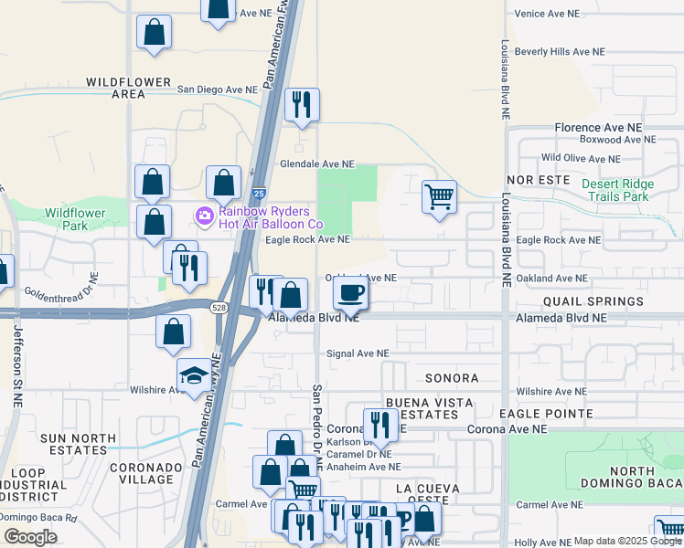 map of restaurants, bars, coffee shops, grocery stores, and more near 6201 Oakland Avenue Northeast in Albuquerque