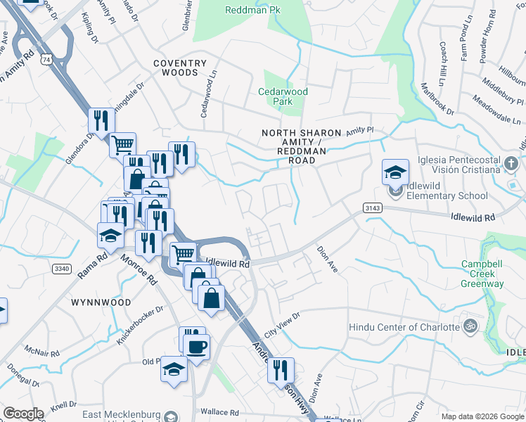 map of restaurants, bars, coffee shops, grocery stores, and more near 5723 Cedars East Court in Charlotte