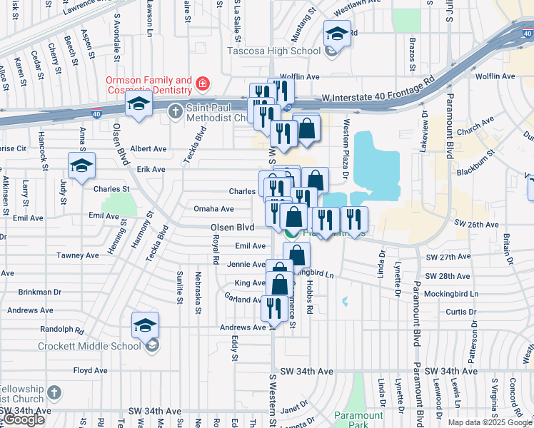 map of restaurants, bars, coffee shops, grocery stores, and more near 2700 South Western Street in Amarillo