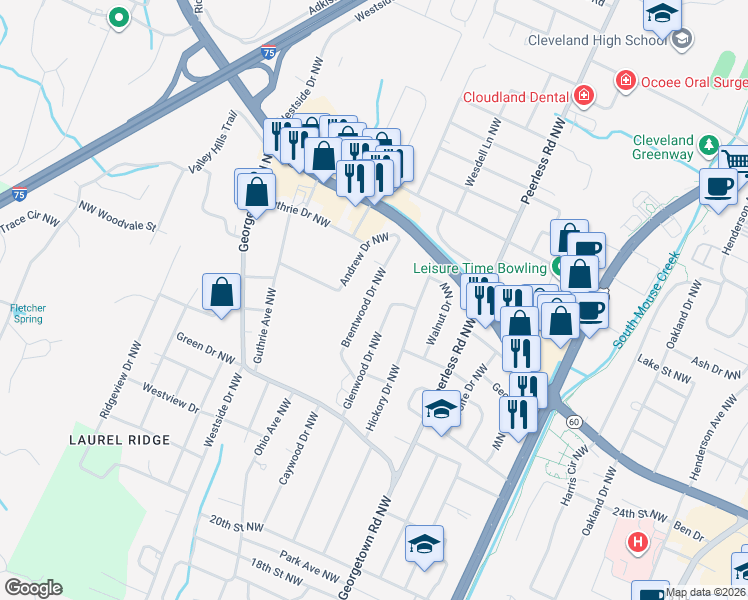 map of restaurants, bars, coffee shops, grocery stores, and more near 2217 Glenwood Drive Northwest in Cleveland