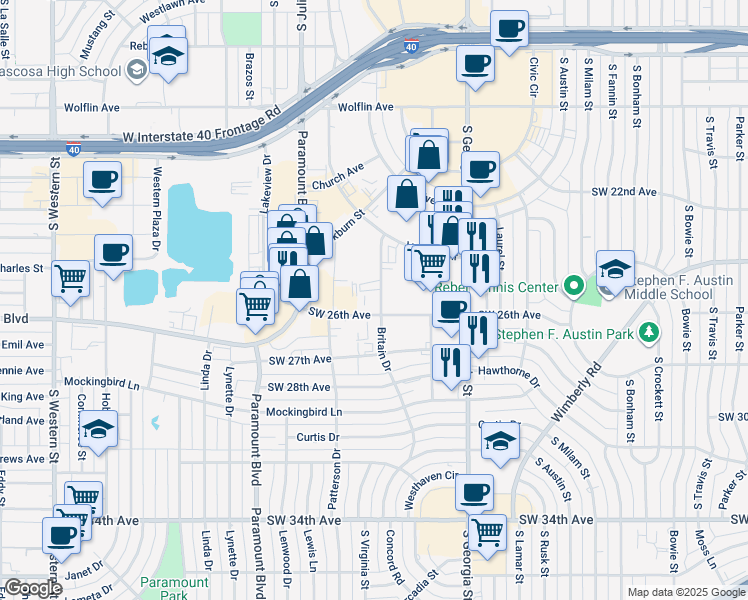 map of restaurants, bars, coffee shops, grocery stores, and more near 2801-2899 West 26th Street in Amarillo