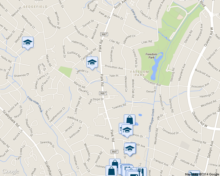 map of restaurants, bars, coffee shops, grocery stores, and more near 3301 Park Road in Charlotte