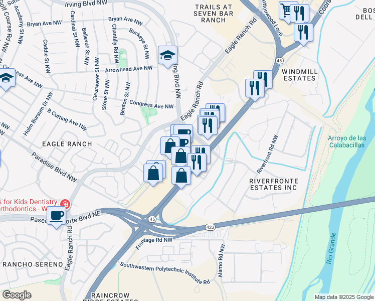 map of restaurants, bars, coffee shops, grocery stores, and more near 9311 Coors Boulevard Northwest in Albuquerque