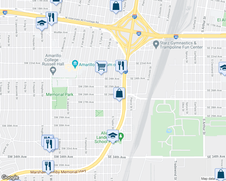 map of restaurants, bars, coffee shops, grocery stores, and more near 2504 South Taylor Street in Amarillo